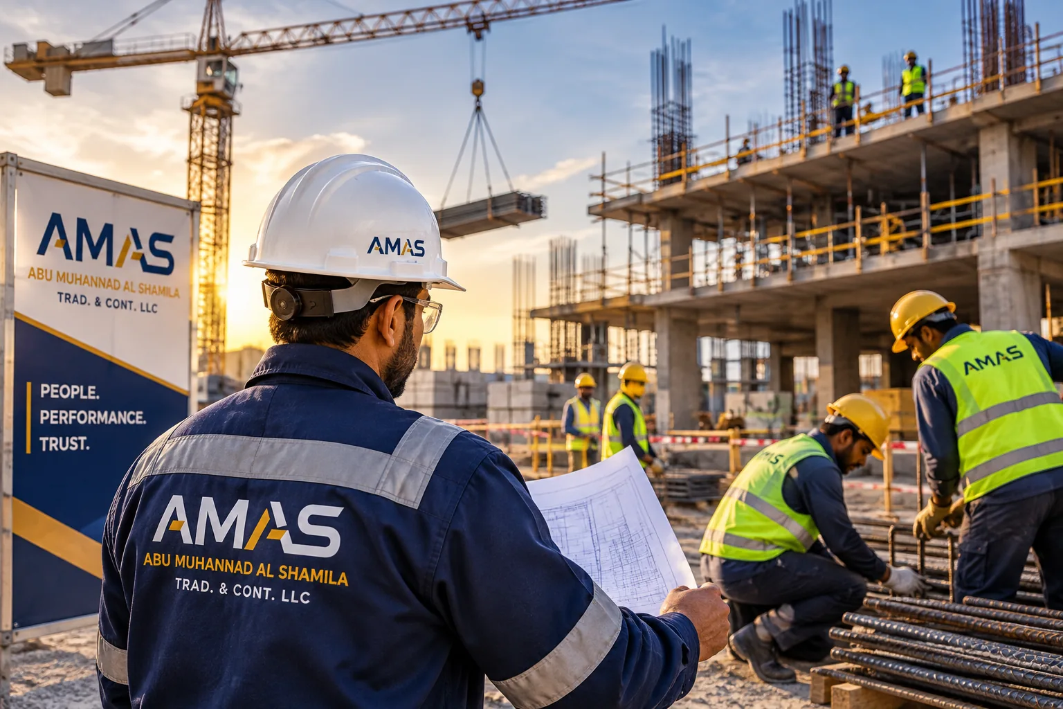 Multi-storey concrete structure under construction at sunset