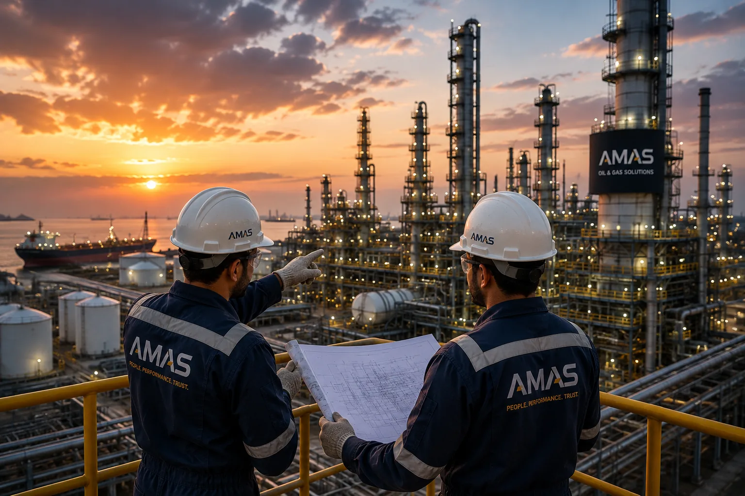 Personnel reviewing drawings above a refinery line